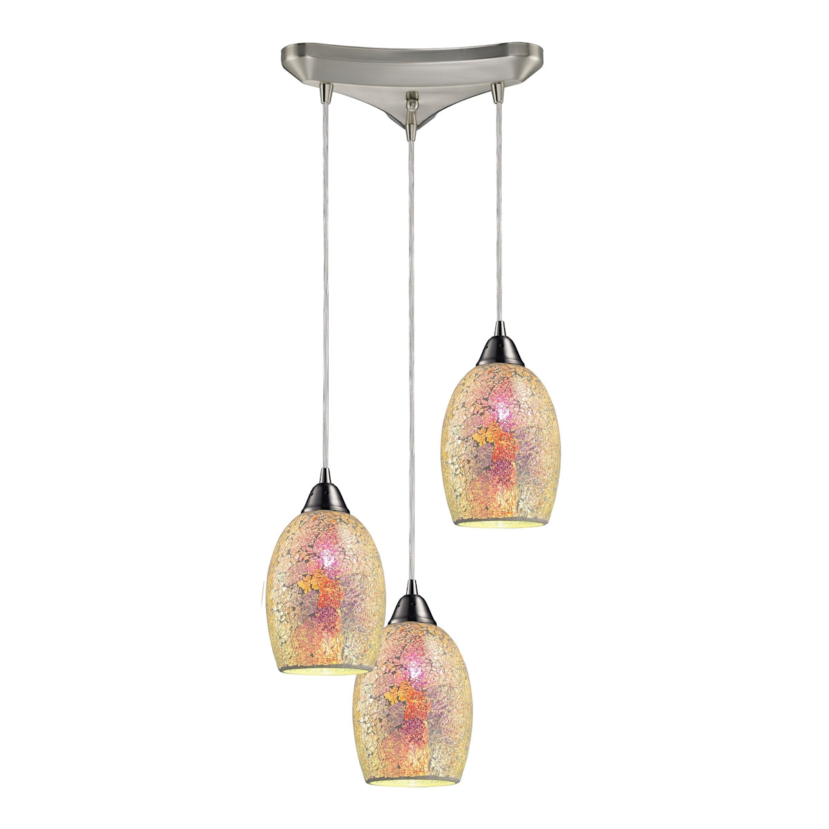 Avalon 3-Light Triangular Pendant Fixture in Satin Nickel with Multi-colored Crackle Glass ELK Lighting | Pendant Lamps | Modishstore