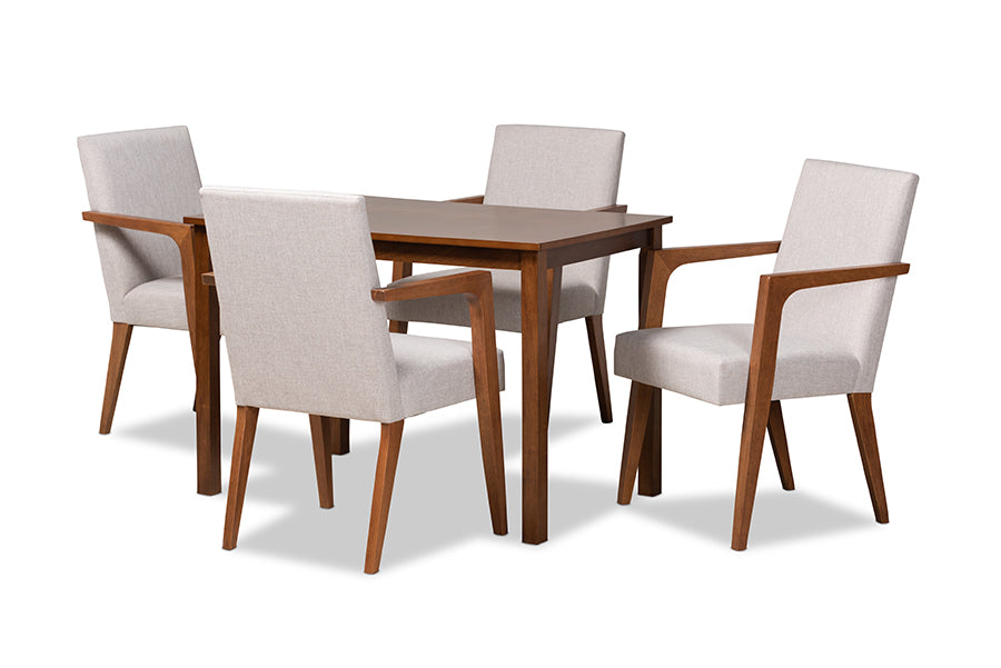 baxton studio glenda mid century modern greyish beige fabric upholstered and walnut brown finished wood 5 piece dining set | Modish Furniture Store-2