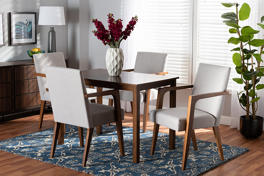 Baxton Studio Glenda Mid-Century Modern Greyish Beige Fabric Upholstered and Walnut Brown Finished Wood 5-Piece Dining Set | Modishstore | Dining Sets