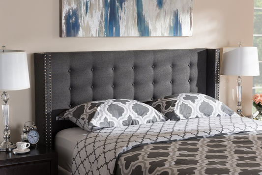Baxton Studio Ginaro Modern And Contemporary Dark Grey Fabric Button-Tufted Nail head King Size Winged Headboard | Modishstore | Headboards