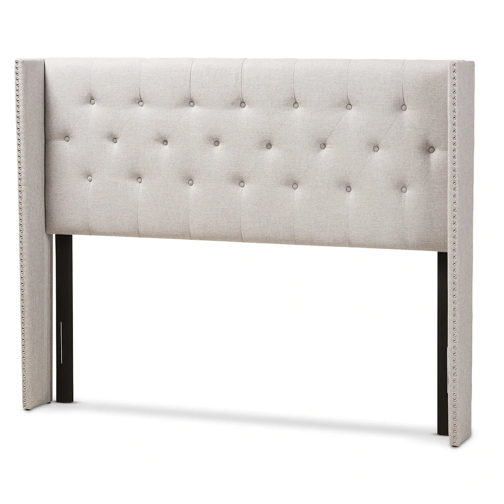 Baxton Studio Ally Modern And Contemporary Greyish Beige Fabric Button-Tufted Nail head King Size Winged Headboard | Headboards | Modishstore - 7