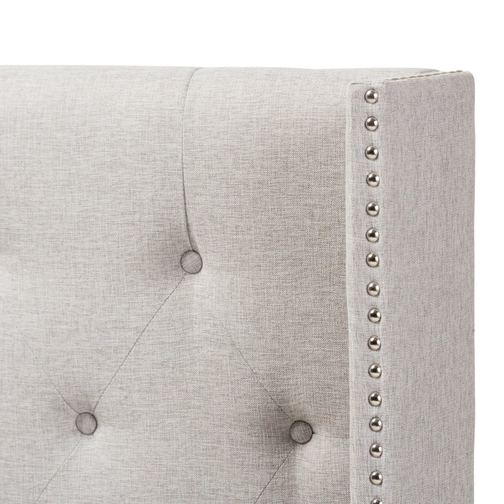 Baxton Studio Ally Modern And Contemporary Greyish Beige Fabric Button-Tufted Nail head King Size Winged Headboard | Headboards | Modishstore - 5