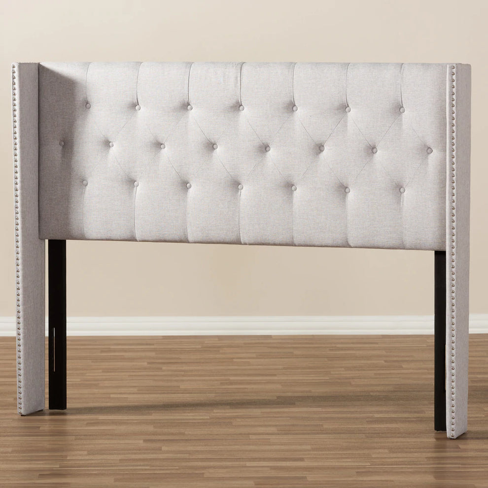 Baxton Studio Ally Modern And Contemporary Greyish Beige Fabric Button-Tufted Nail head King Size Winged Headboard | Headboards | Modishstore - 2