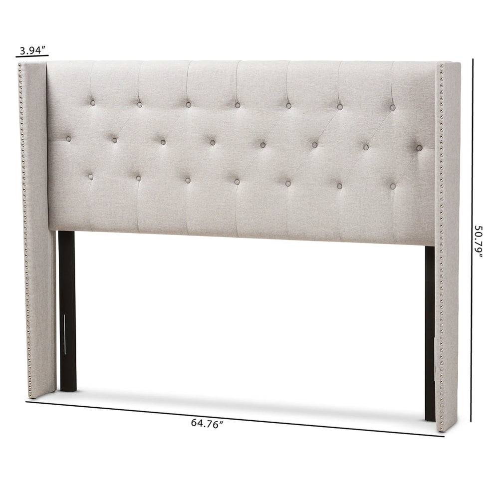 Baxton Studio Ally Modern And Contemporary Greyish Beige Fabric Button-Tufted Nail head King Size Winged Headboard | Headboards | Modishstore - 3