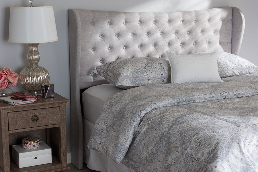 Baxton Studio Cadence Modern and Contemporary Greyish Beige Fabric Button-Tufted Queen Size Winged Headboard | Modishstore | Headboards