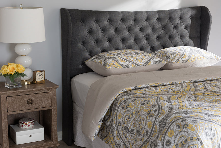 Baxton Studio Cadence Modern and Contemporary Dark Grey Fabric Button-Tufted King Size Winged Headboard | Modishstore | Headboards