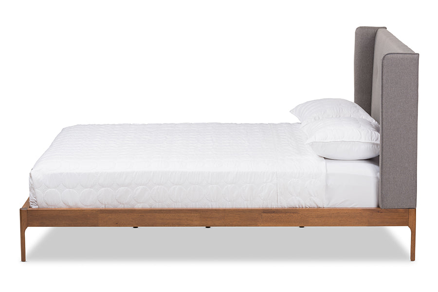 baxton studio brooklyn mid century modern walnut wood grey fabric queen size platform bed | Modish Furniture Store-3