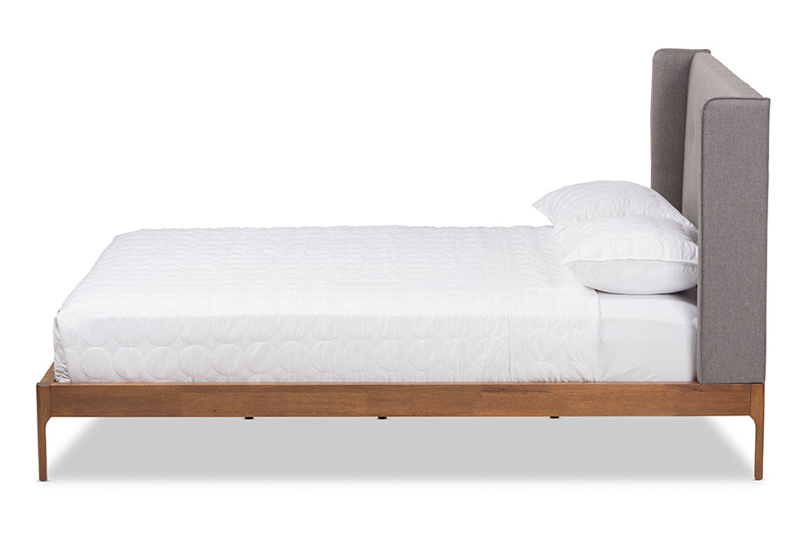 baxton studio brooklyn mid century modern walnut wood grey fabric king size platform bed | Modish Furniture Store-3