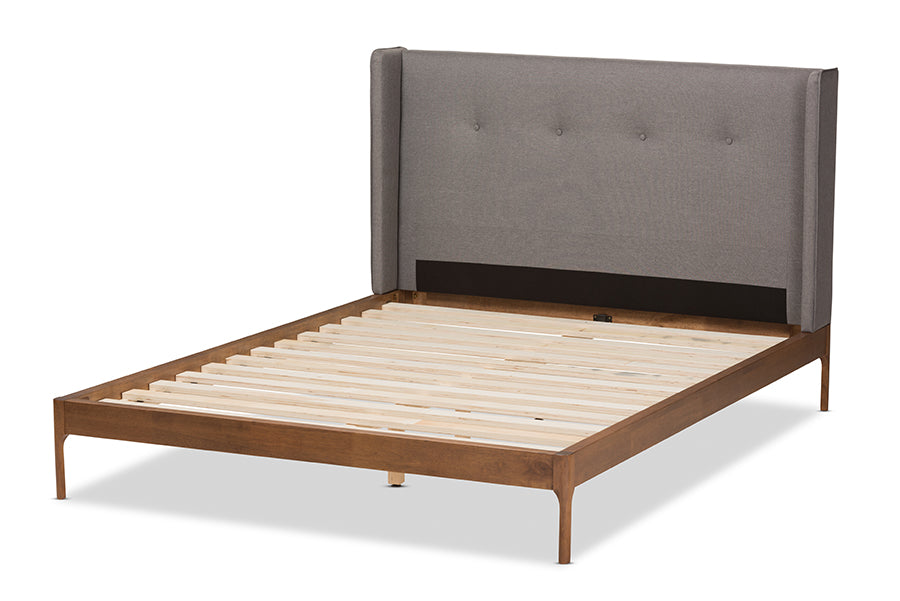baxton studio brooklyn mid century modern walnut wood grey fabric king size platform bed | Modish Furniture Store-10