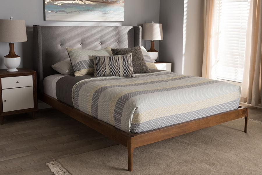 Baxton Studio Brooklyn Mid-Century Modern Walnut Wood Grey Fabric King Size Platform Bed | Modishstore | Beds