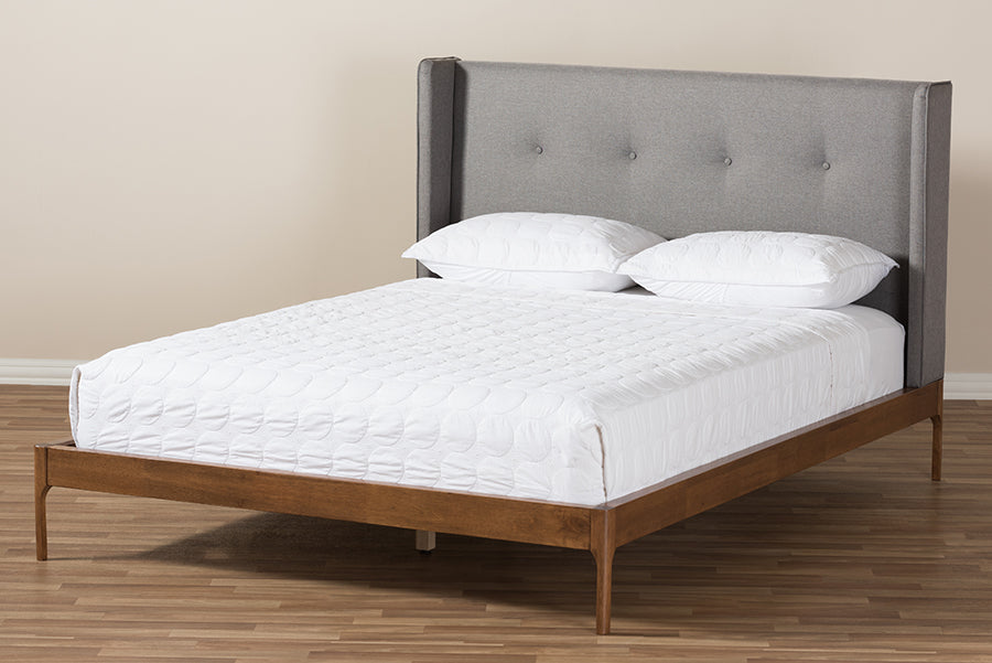 baxton studio brooklyn mid century modern walnut wood grey fabric king size platform bed | Modish Furniture Store-2