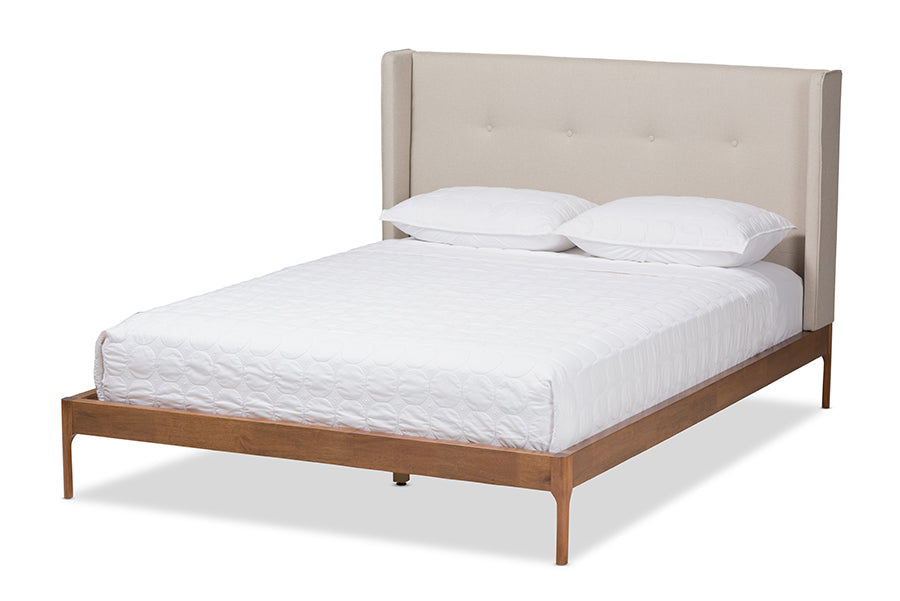 baxton studio brooklyn mid century modern walnut wood beige fabric king size platform bed | Modish Furniture Store-9
