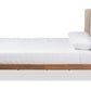 baxton studio brooklyn mid century modern walnut wood beige fabric queen size platform bed | Modish Furniture Store-3