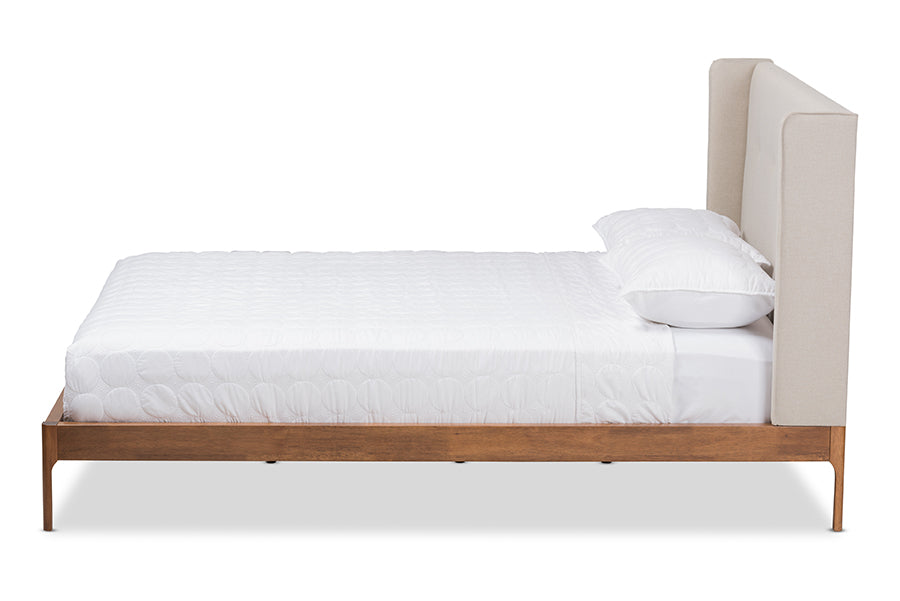 baxton studio brooklyn mid century modern walnut wood beige fabric queen size platform bed | Modish Furniture Store-3