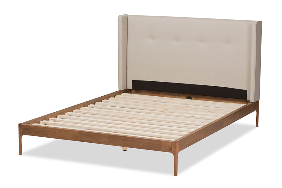 baxton studio brooklyn mid century modern walnut wood beige fabric king size platform bed | Modish Furniture Store-10