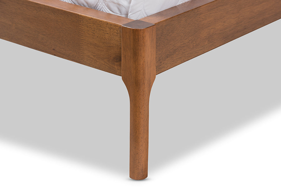 baxton studio brooklyn mid century modern walnut wood beige fabric queen size platform bed | Modish Furniture Store-5