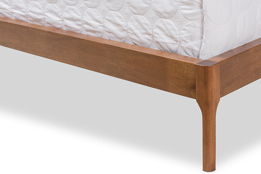 baxton studio brooklyn mid century modern walnut wood beige fabric queen size platform bed | Modish Furniture Store-4