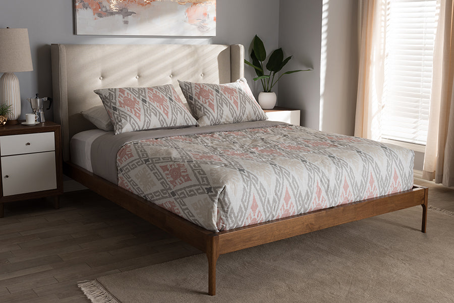 Baxton Studio Brooklyn Mid-Century Modern Walnut Wood Beige Fabric King Size Platform Bed | Modishstore | Beds