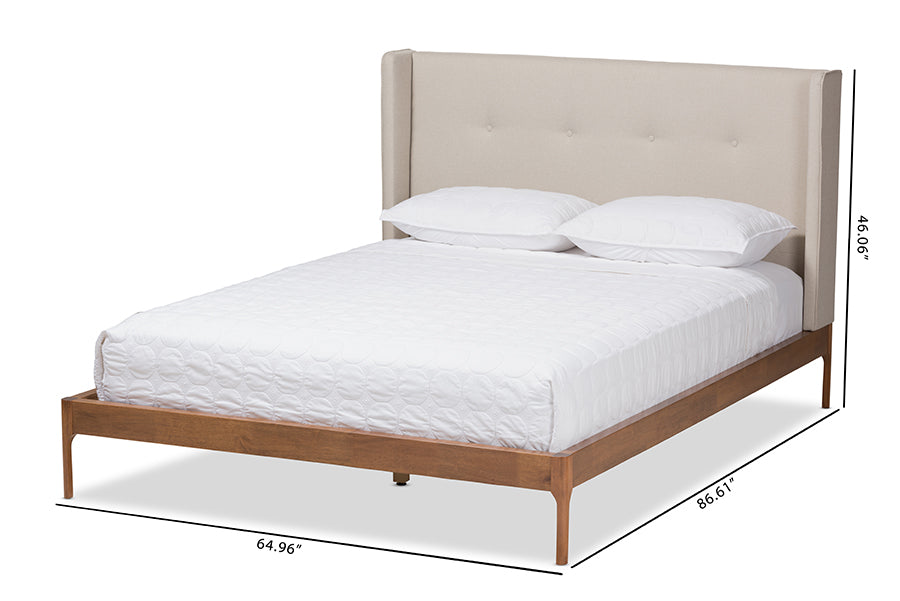 baxton studio brooklyn mid century modern walnut wood beige fabric queen size platform bed | Modish Furniture Store-8
