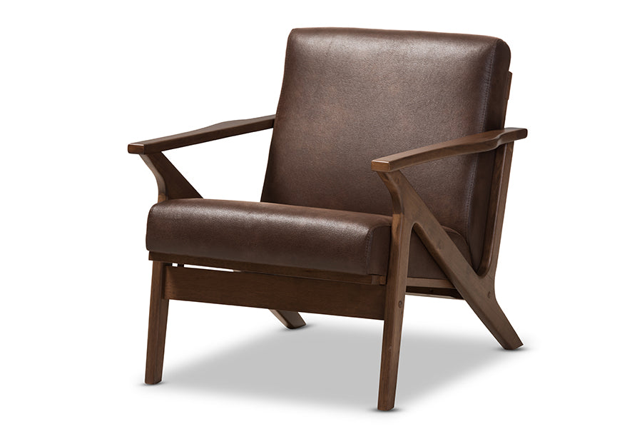 baxton studio bianca mid century modern walnut wood dark brown distressed faux leather lounge chair | Modish Furniture Store-2