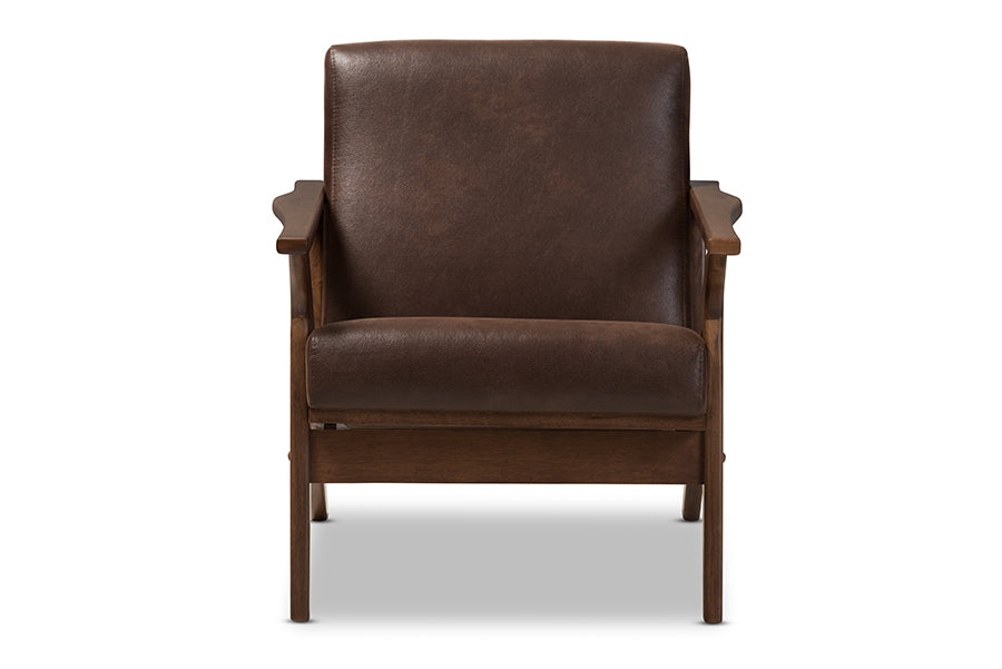 baxton studio bianca mid century modern walnut wood dark brown distressed faux leather lounge chair | Modish Furniture Store-3