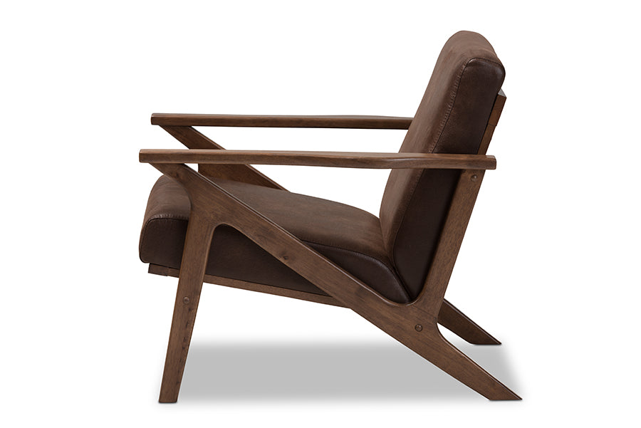 baxton studio bianca mid century modern walnut wood dark brown distressed faux leather lounge chair | Modish Furniture Store-4