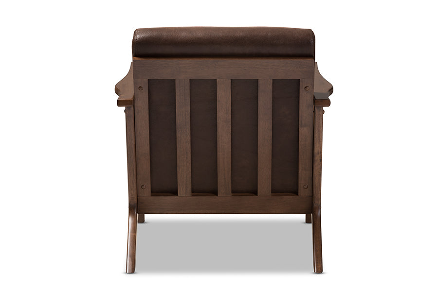 baxton studio bianca mid century modern walnut wood dark brown distressed faux leather lounge chair | Modish Furniture Store-5