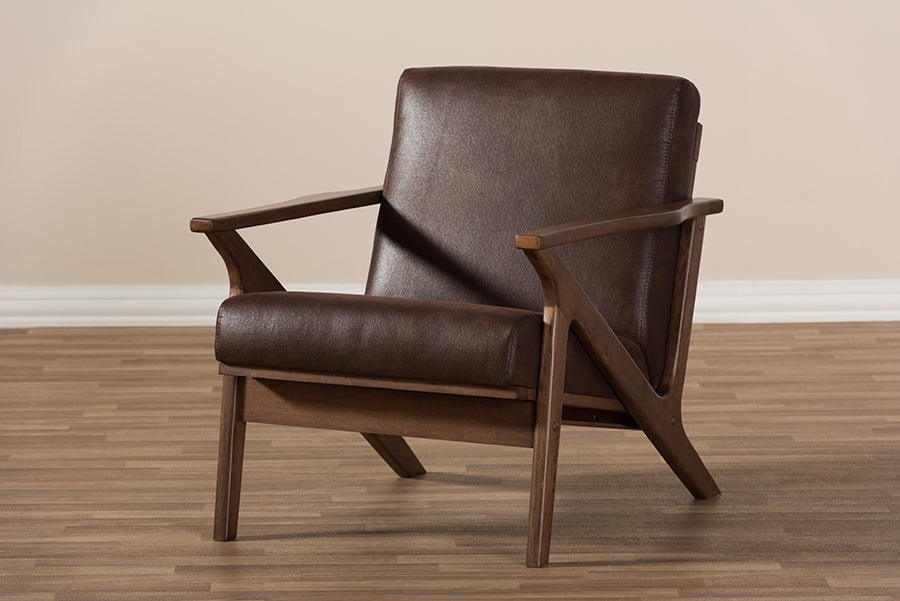 baxton studio bianca mid century modern walnut wood dark brown distressed faux leather lounge chair | Modish Furniture Store-8