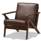 baxton studio bianca mid century modern walnut wood dark brown distressed faux leather lounge chair | Modish Furniture Store-9
