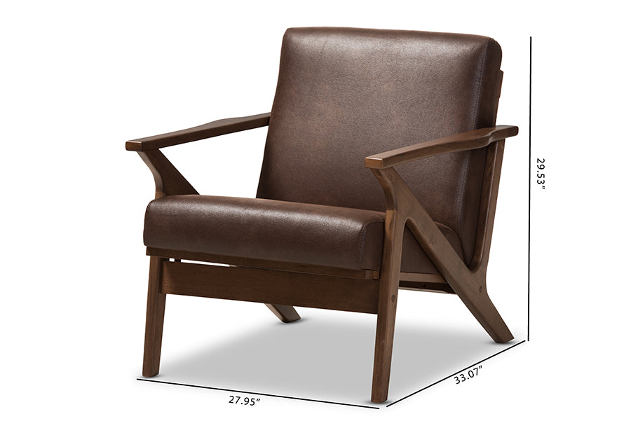 baxton studio bianca mid century modern walnut wood dark brown distressed faux leather lounge chair | Modish Furniture Store-9