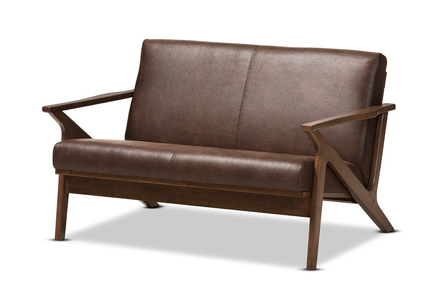 Baxton Studio Bianca Mid-Century Modern Walnut Wood Dark Brown Distressed Faux Leather 2-Seater Loveseat | Modishstore | Loveseats-2