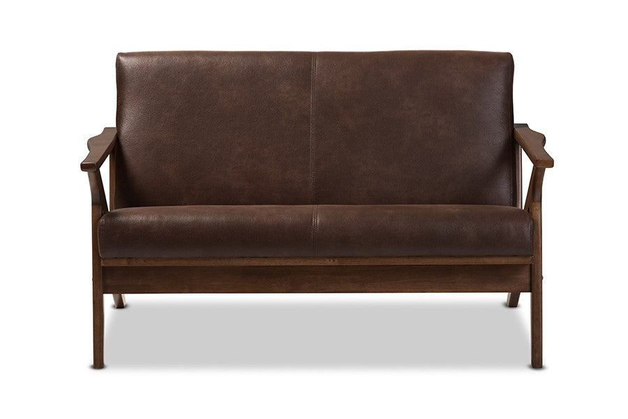 Baxton Studio Bianca Mid-Century Modern Walnut Wood Dark Brown Distressed Faux Leather 2-Seater Loveseat | Modishstore | Loveseats-3