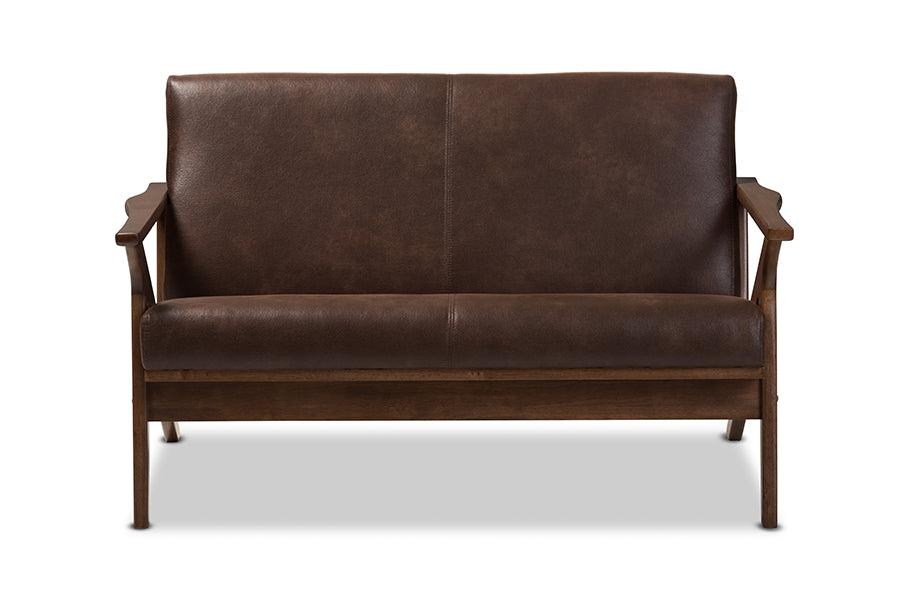 baxton studio bianca mid century modern walnut wood dark brown distressed faux leather livingroom sofa set | Modish Furniture Store-3