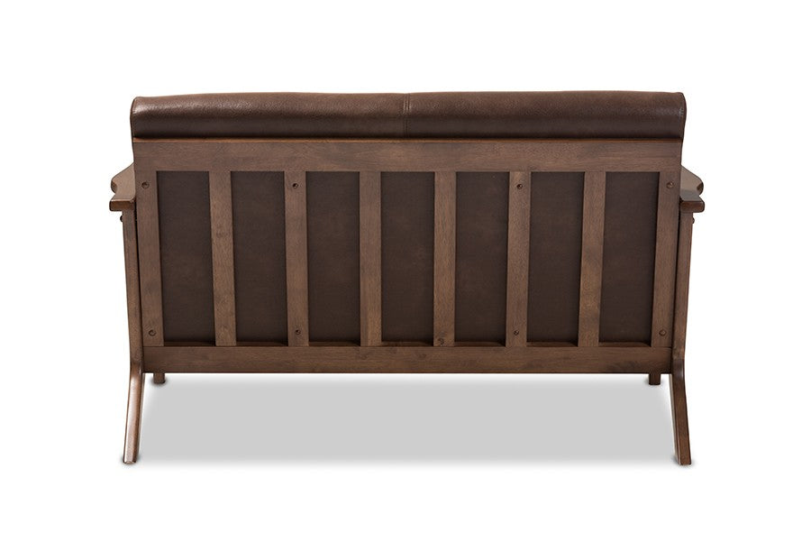 Baxton Studio Bianca Mid-Century Modern Walnut Wood Dark Brown Distressed Faux Leather 2-Seater Loveseat | Modishstore | Loveseats-5