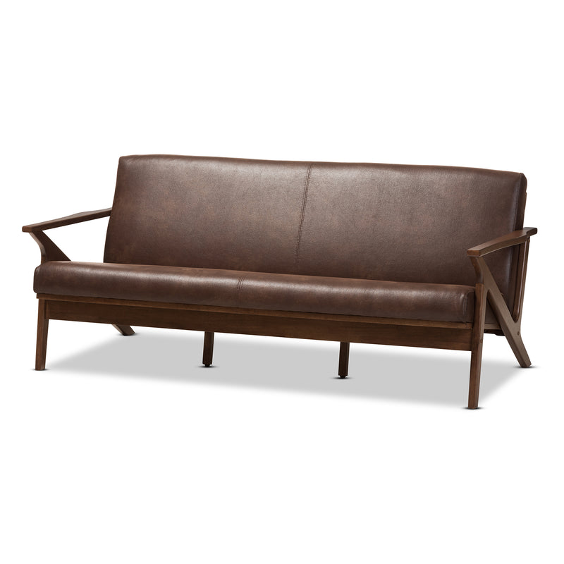 Baxton Studio Bianca Mid-Century Modern Walnut Wood Dark Brown Distressed Faux Leather 3-Seater Sofa | Sofas | Modishstore - 3
