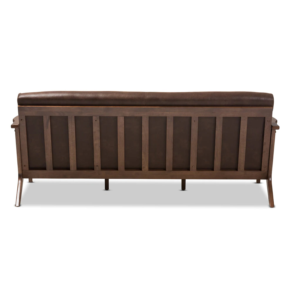 Baxton Studio Bianca Mid-Century Modern Walnut Wood Dark Brown Distressed Faux Leather 3-Seater Sofa | Sofas | Modishstore - 6