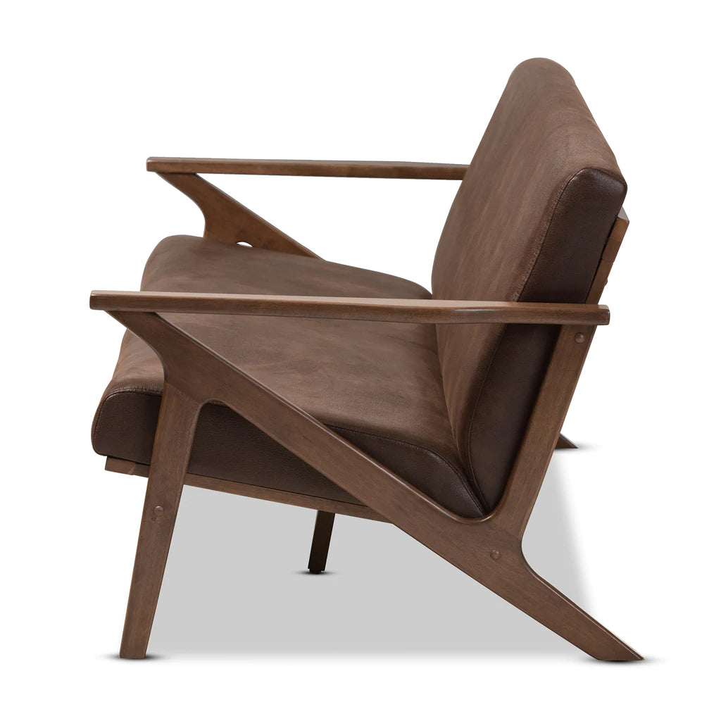 Baxton Studio Bianca Mid-Century Modern Walnut Wood Dark Brown Distressed Faux Leather 3-Seater Sofa | Sofas | Modishstore - 7