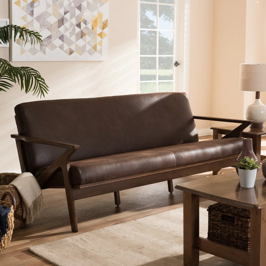 Baxton Studio Bianca Mid-Century Modern Walnut Wood Dark Brown Distressed Faux Leather 3-Seater Sofa | Sofas | Modishstore