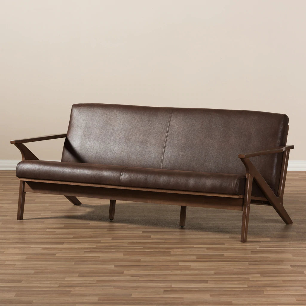 Baxton Studio Bianca Mid-Century Modern Walnut Wood Dark Brown Distressed Faux Leather 3-Seater Sofa | Sofas | Modishstore - 2