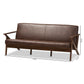 Baxton Studio Bianca Mid-Century Modern Walnut Wood Dark Brown Distressed Faux Leather 3-Seater Sofa | Sofas | Modishstore - 4