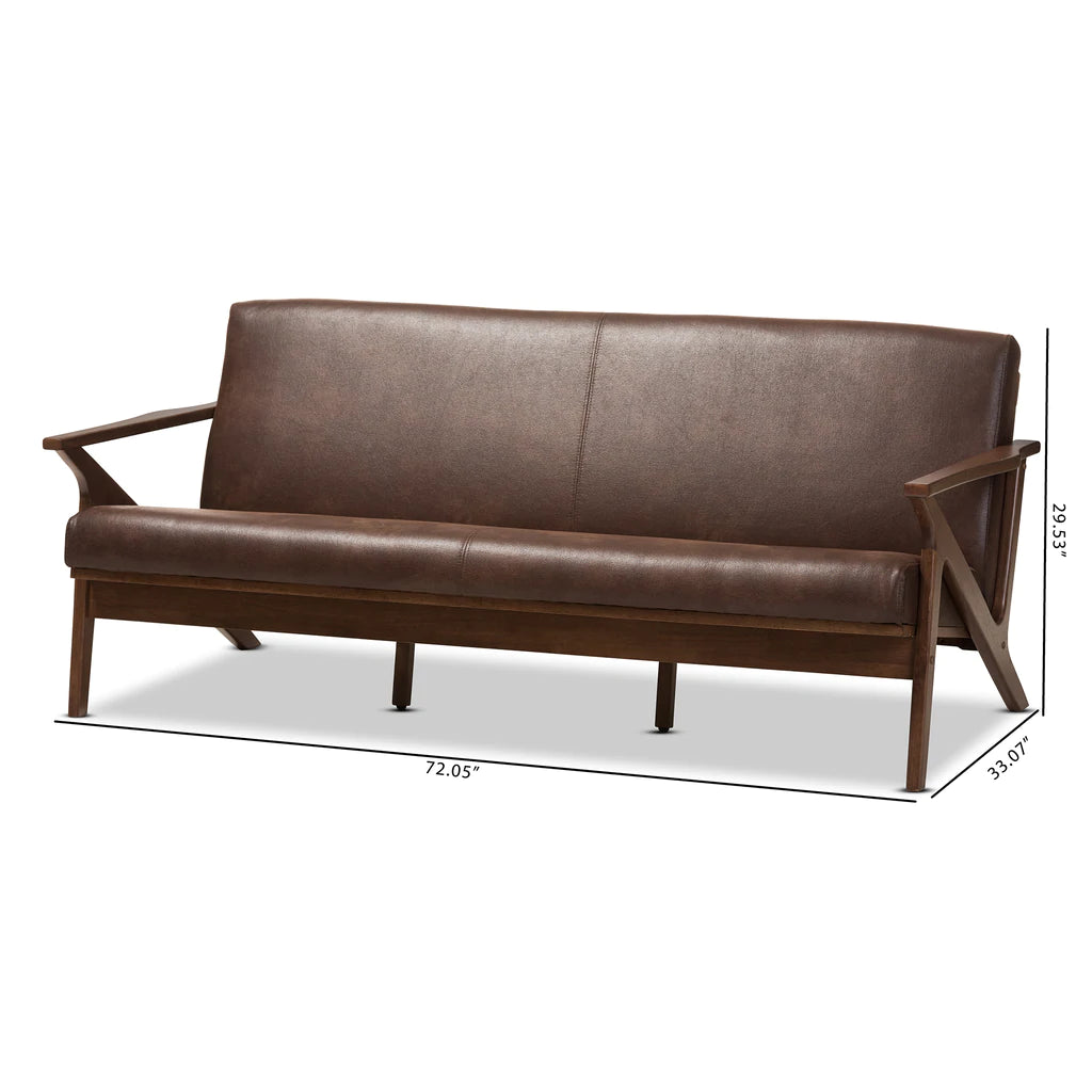 Baxton Studio Bianca Mid-Century Modern Walnut Wood Dark Brown Distressed Faux Leather 3-Seater Sofa | Sofas | Modishstore - 4