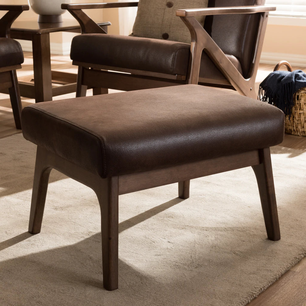 Baxton Studio Bianca Mid-Century Modern Walnut Wood Dark Brown Distressed Faux Leather Ottoman | Ottomans | Modishstore