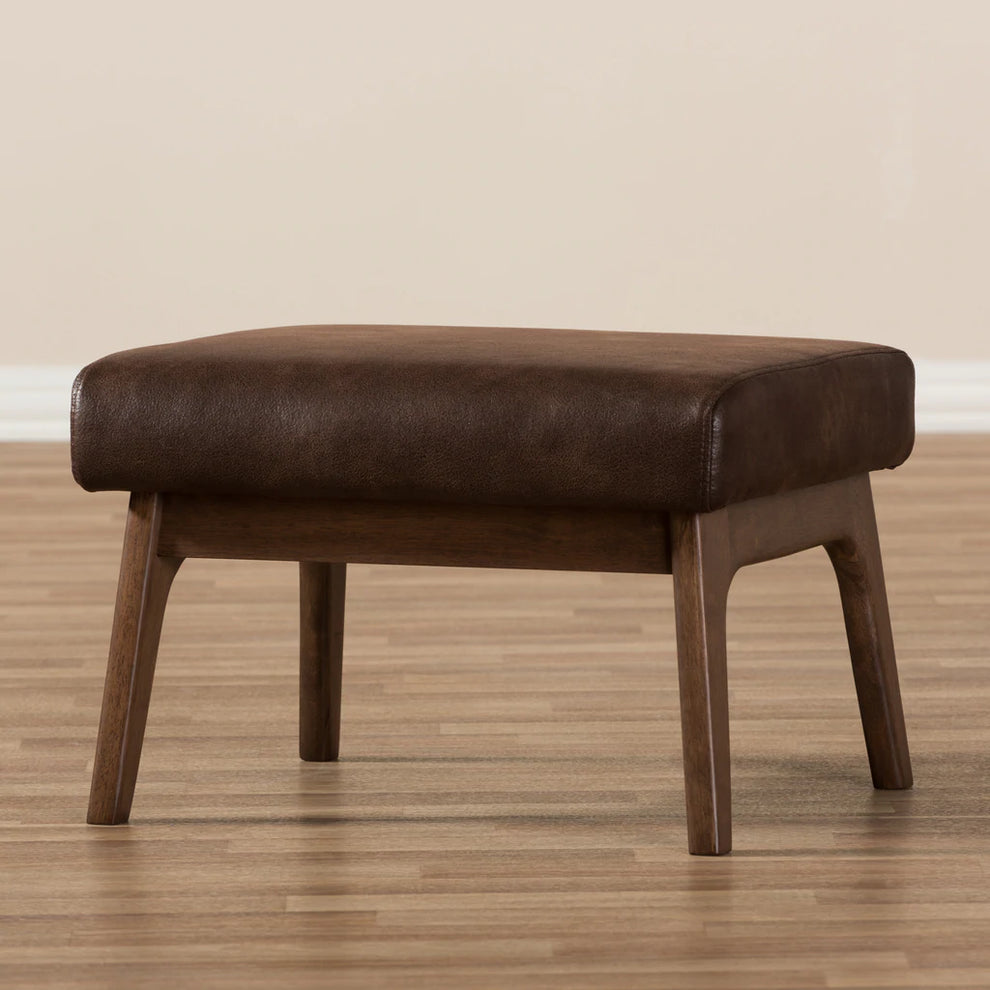 Baxton Studio Bianca Mid-Century Modern Walnut Wood Dark Brown Distressed Faux Leather Ottoman | Ottomans | Modishstore - 2