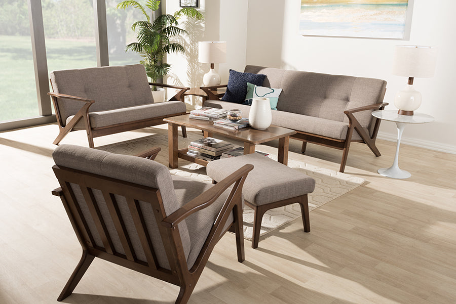 Baxton Studio Bianca Mid-Century Modern Walnut Wood Light Grey Fabric Tufted Livingroom Sofa Set | Modishstore | Sofas