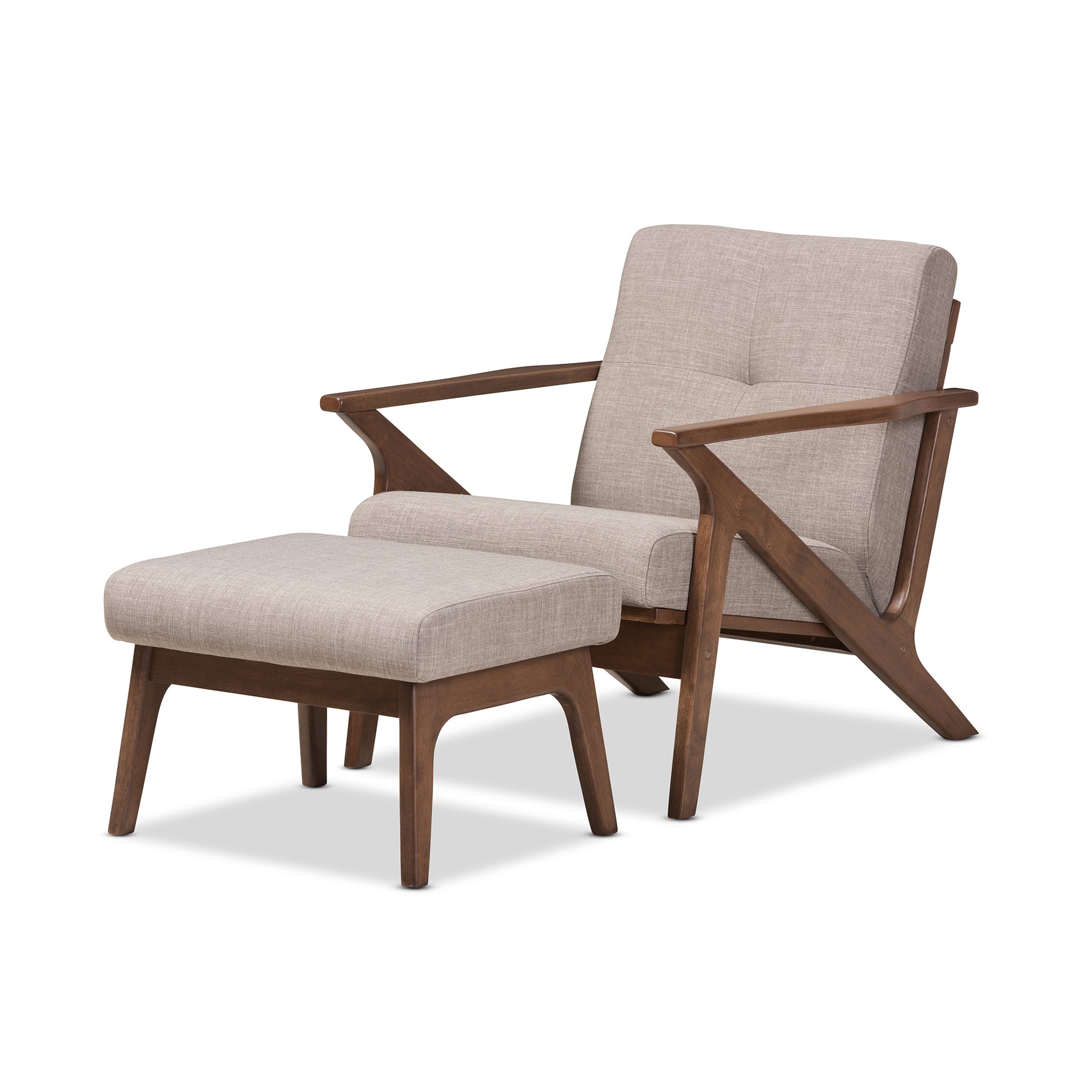 Baxton Studio Bianca Mid-Century Modern Walnut Wood Light Grey Fabric Tufted Lounge Chair And Ottoman Set | Sofas | Modishstore - 3