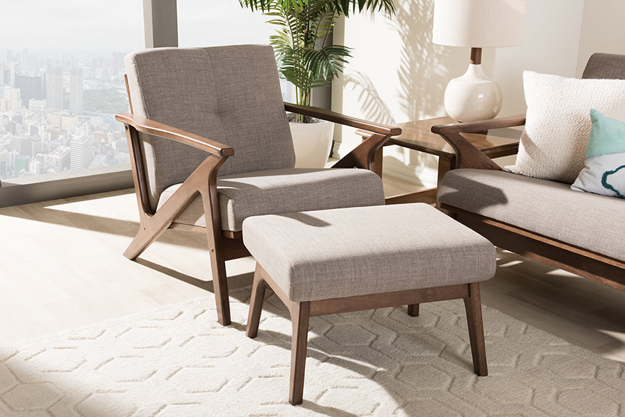 Baxton Studio Bianca Mid-Century Modern Walnut Wood Light Grey Fabric Tufted Lounge Chair And Ottoman Set | Sofas | Modishstore