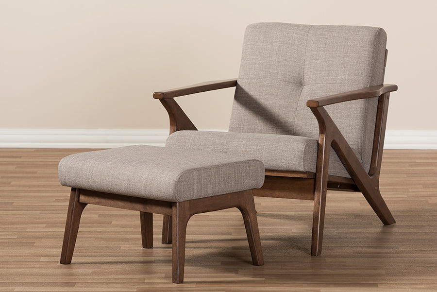 Baxton Studio Bianca Mid-Century Modern Walnut Wood Light Grey Fabric Tufted Lounge Chair And Ottoman Set | Sofas | Modishstore - 2