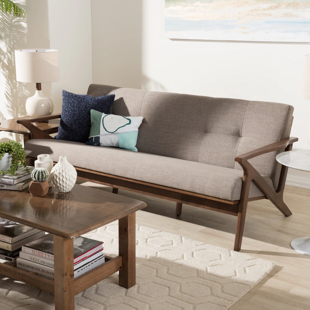Baxton Studio Bianca Mid-Century Modern Walnut Wood Light Grey Fabric Tufted 3-Seater Sofa | Sofas | Modishstore
