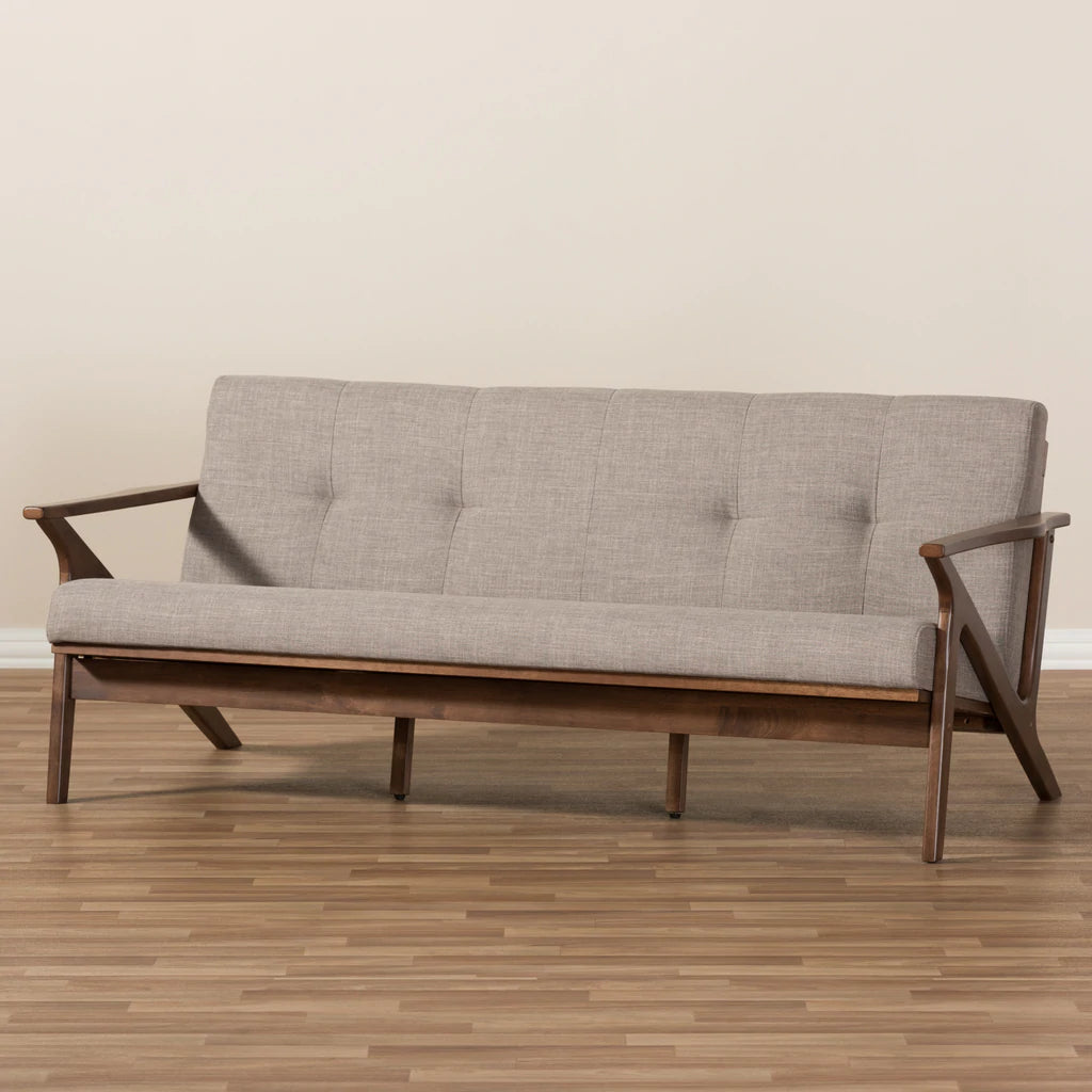 Baxton Studio Bianca Mid-Century Modern Walnut Wood Light Grey Fabric Tufted 3-Seater Sofa | Sofas | Modishstore - 2