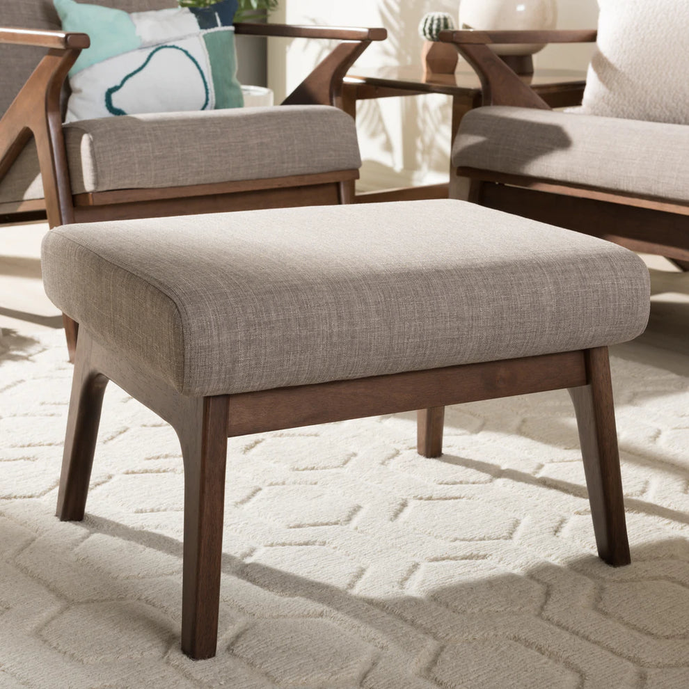 Baxton Studio Bianca Mid-Century Modern Walnut Wood Light Grey Fabric Ottoman | Ottomans | Modishstore